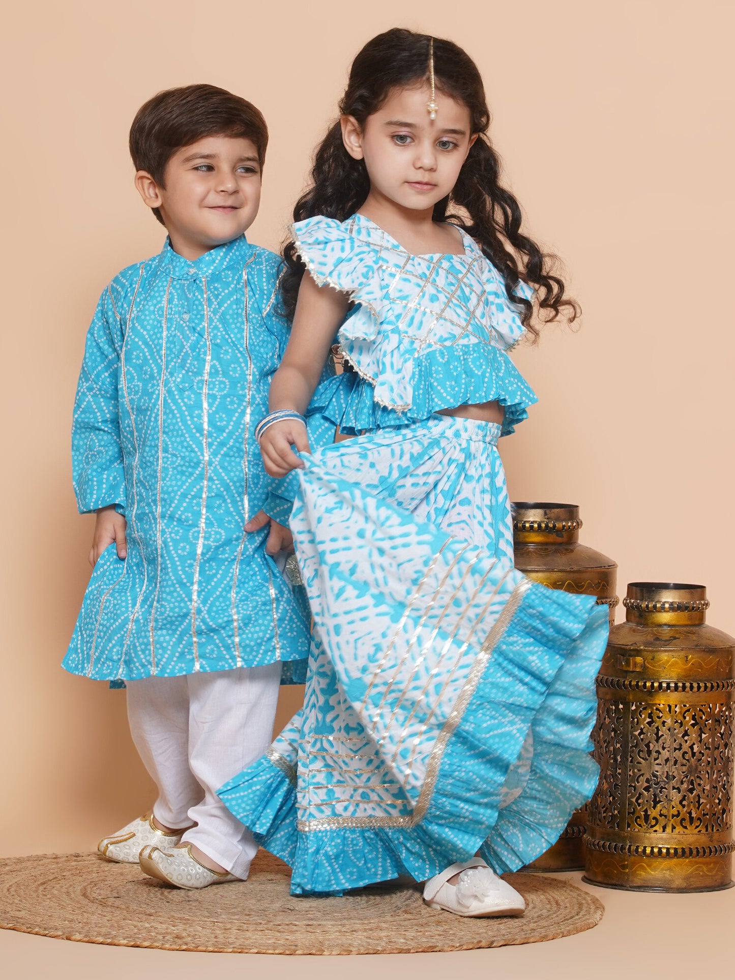 Boys Bandhani Pure Cotton Kurta Pyjamas and Girls Lehenga Sibling sets-Blue