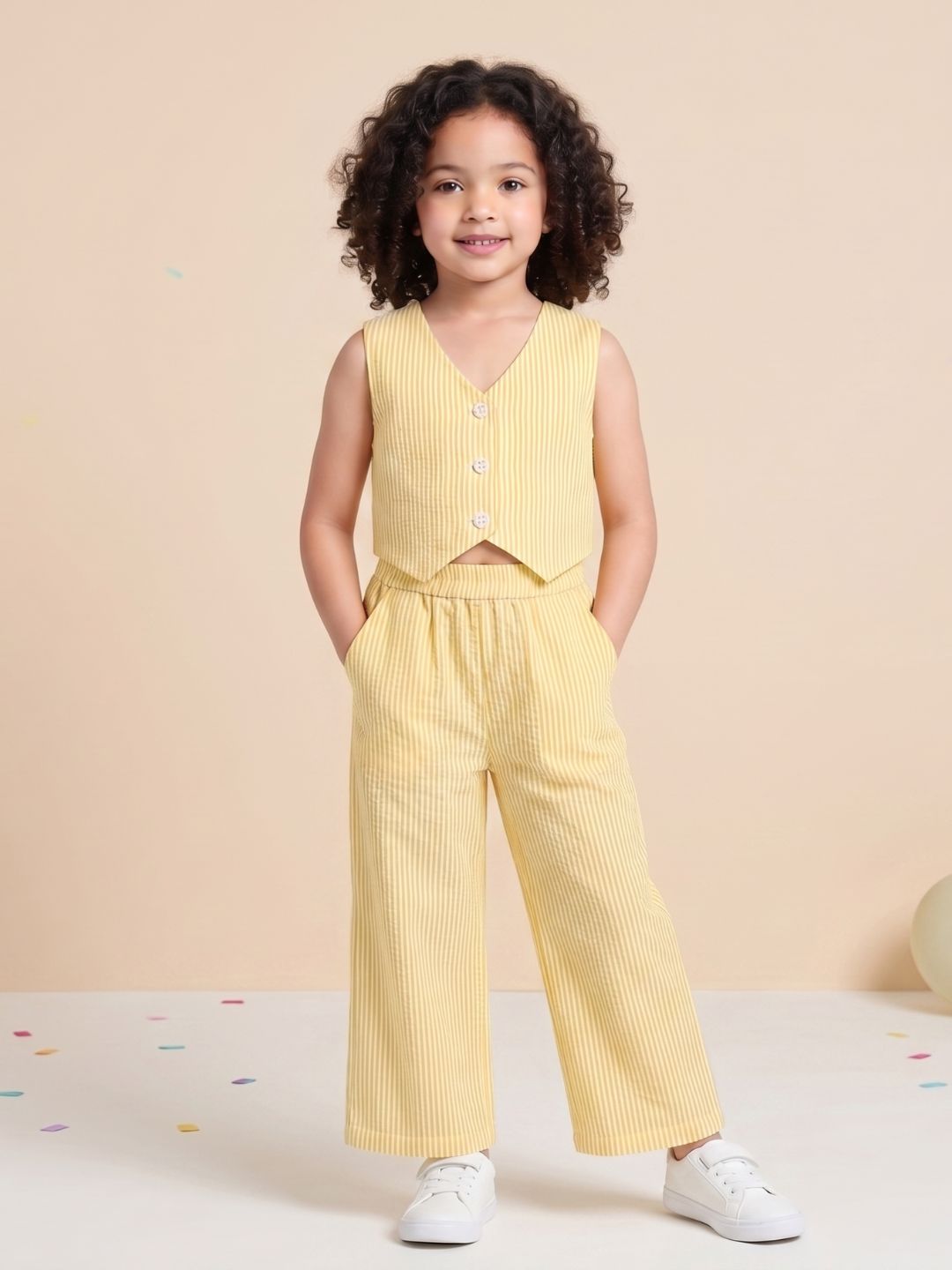 AJ Dezines Yellow Stripes Cotton Co-Ords For Girls