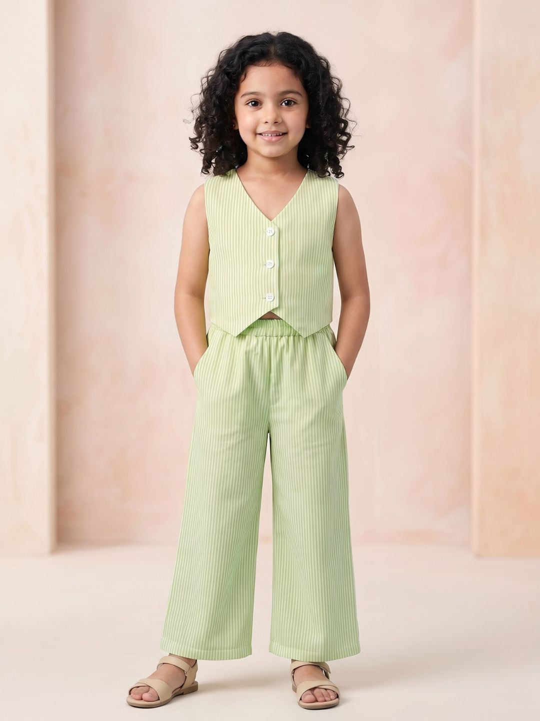 AJ Dezines Green Stripes Cotton Co-Ords For Girls