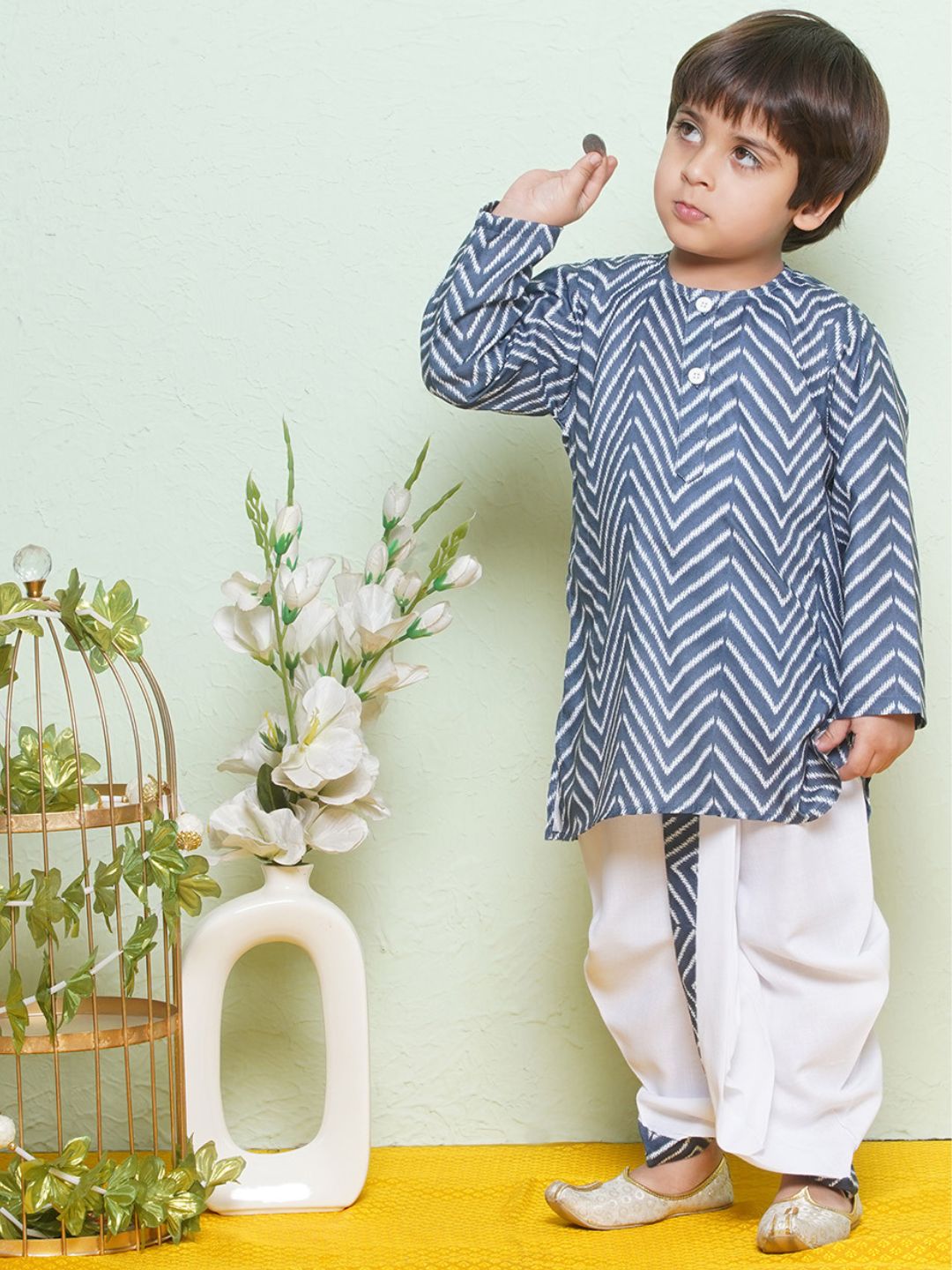 Kids Boys Blue Zig Zag Pure Cotton Dhoti Set