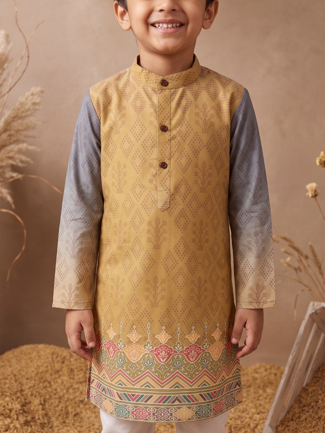 AJ Dezines Mustard Ethnic Print Cotton Blend Kurta Pyjama Set For Boys