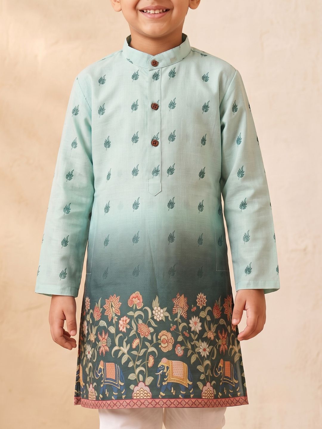 AJ Dezines Green Floral Elephant Printed Cotton Blend Kurta Pyjama Set For Boys