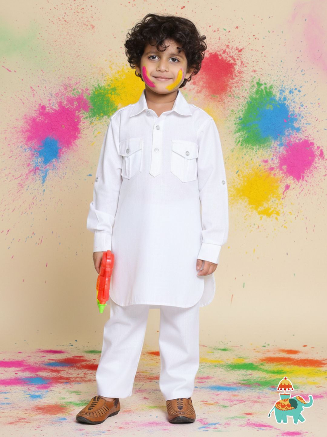 Holi Boys White Solid Cotton Blend Pathani Suit Set for Kids