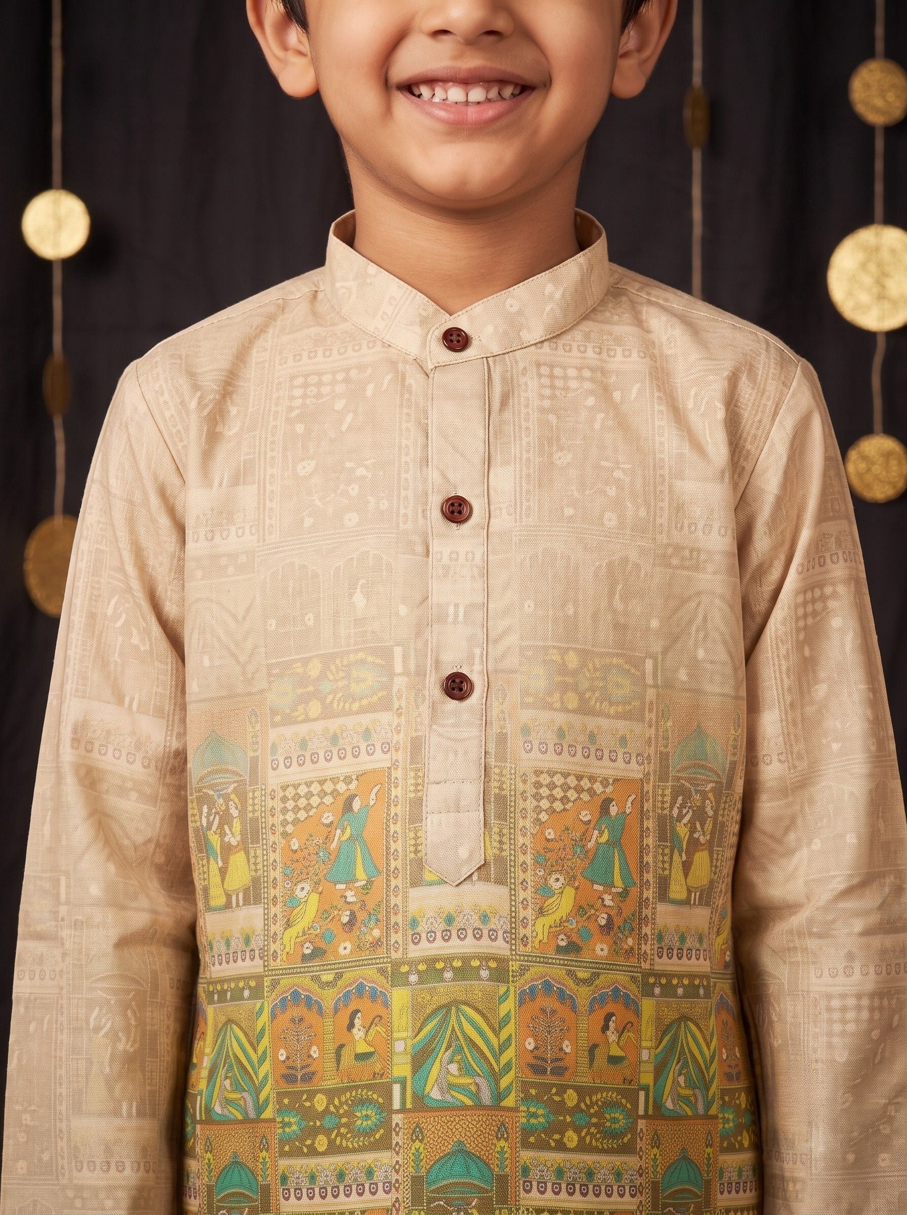 AJ Dezines Yellow Ethnic Print Cotton Blend Kurta Pyjama Set For Boys