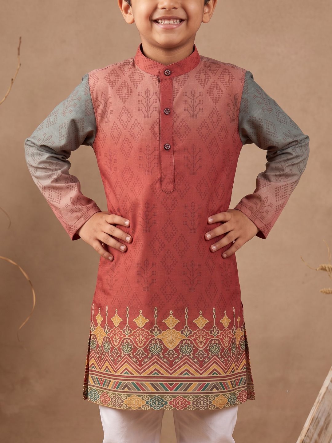 AJ Dezines Red Ethnic Print Cotton Blend Kurta Pyjama Set For Boys