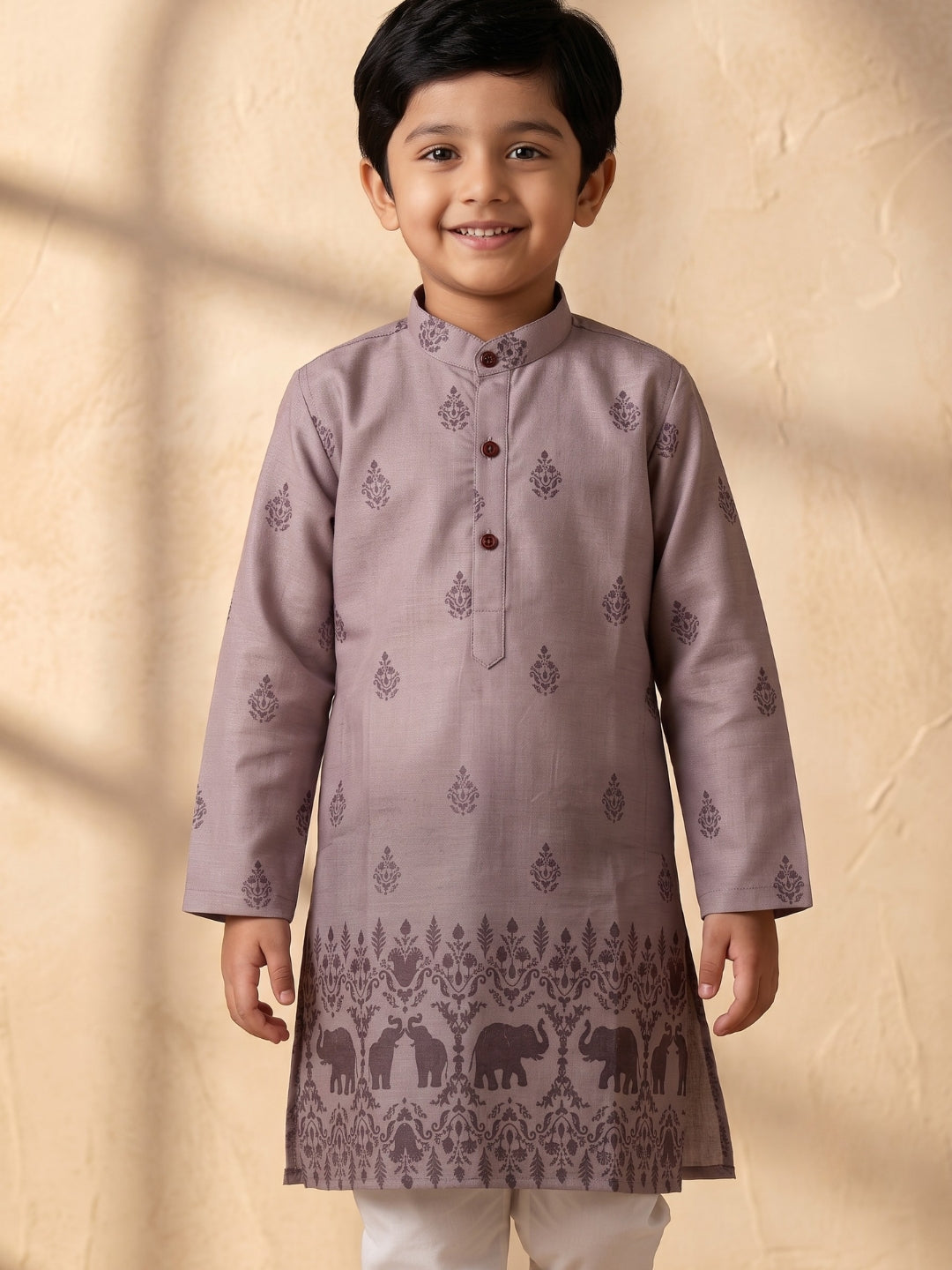 AJ Dezines Mauve Elephant Printed Cotton Blend Kurta Pyjama Set For Boys