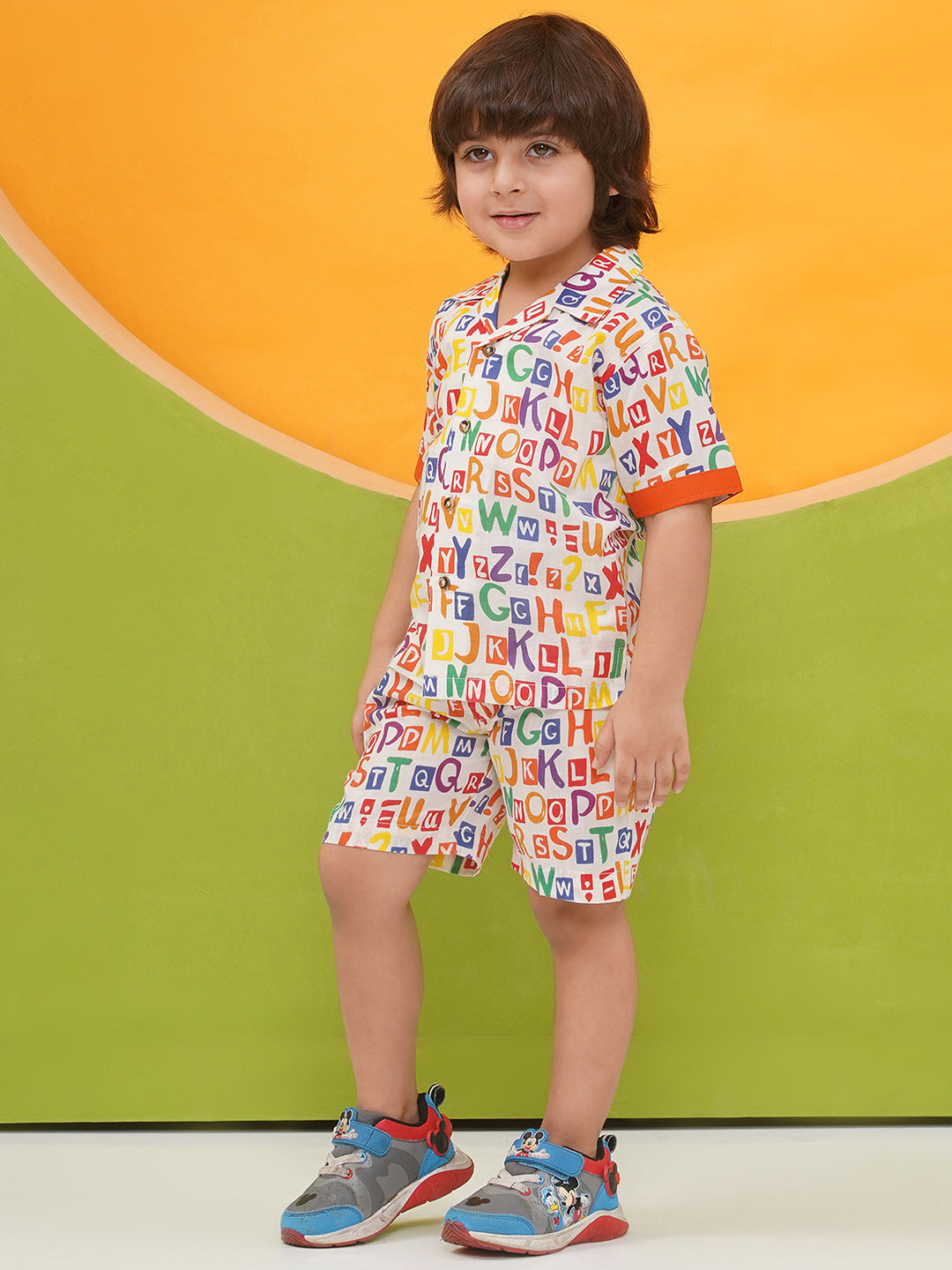 MULTI-COLOR Pure Cotton Half Sleeves Alphabet Print Co-Ords Set for Boys