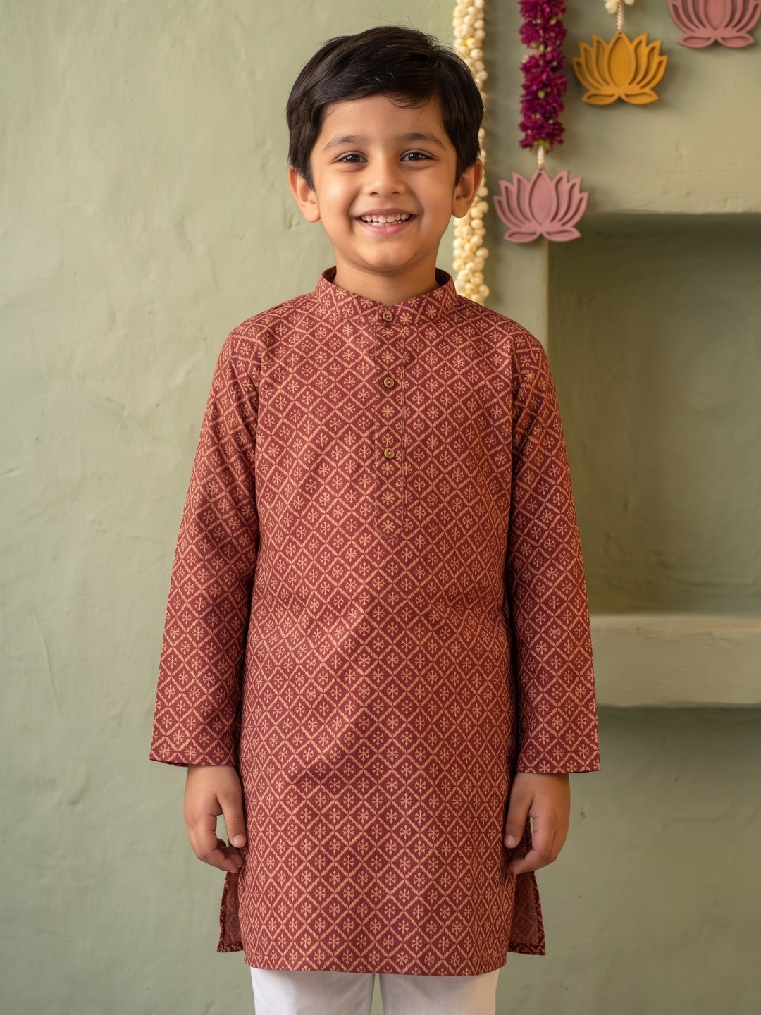 AJ Dezines Red Floral Geometric Print Cotton Blend Kurta Pyjama Set For Boys