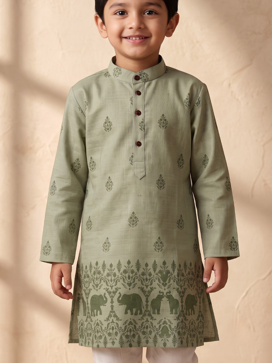AJ Dezines Green Elephant Printed Cotton Blend Kurta Pyjama Set For Boys