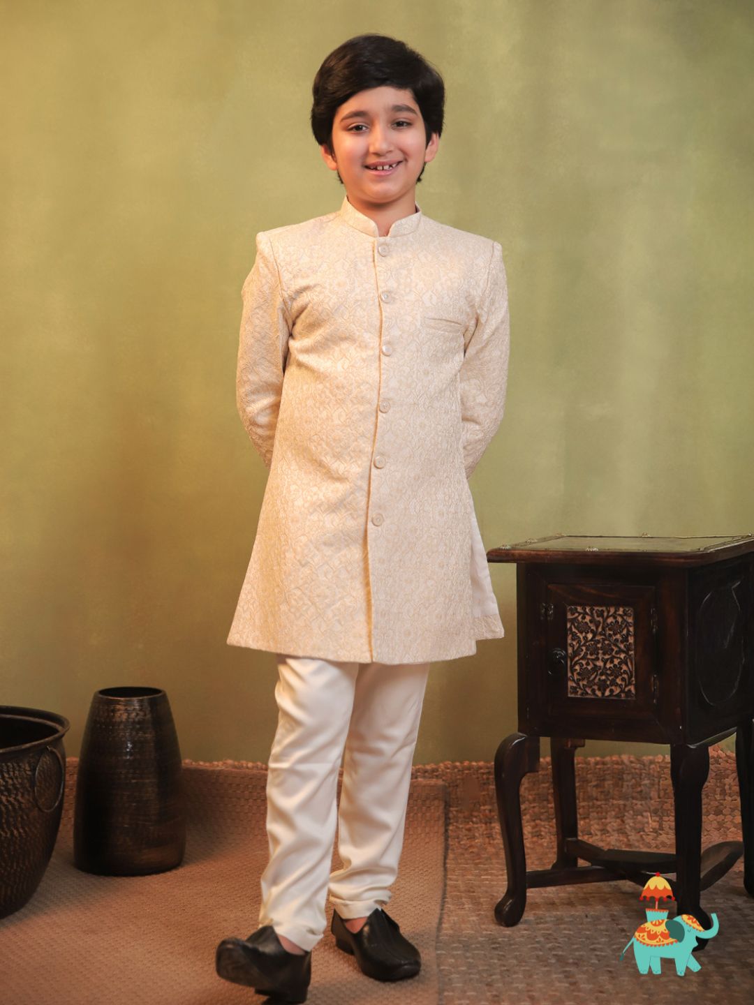 Cream Jacquard Full Sleeves Sherwani with Rich Floral Embroidery for boys