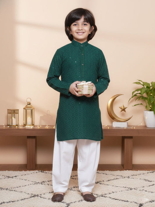 Kids Boys Teal Green Embroidered Cotton Kurta Pyjama Set