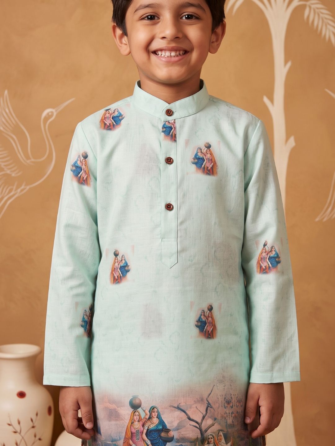 AJ Dezines Green Mythological Print Cotton Blend Kurta Pyjama Set For Boys