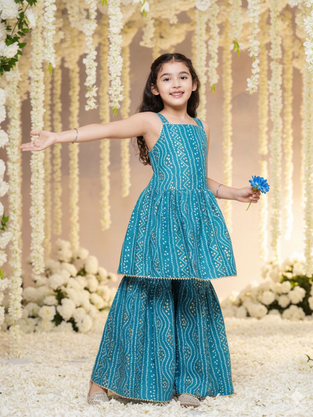 Kids Girls Blue Printed Cotton Sharara