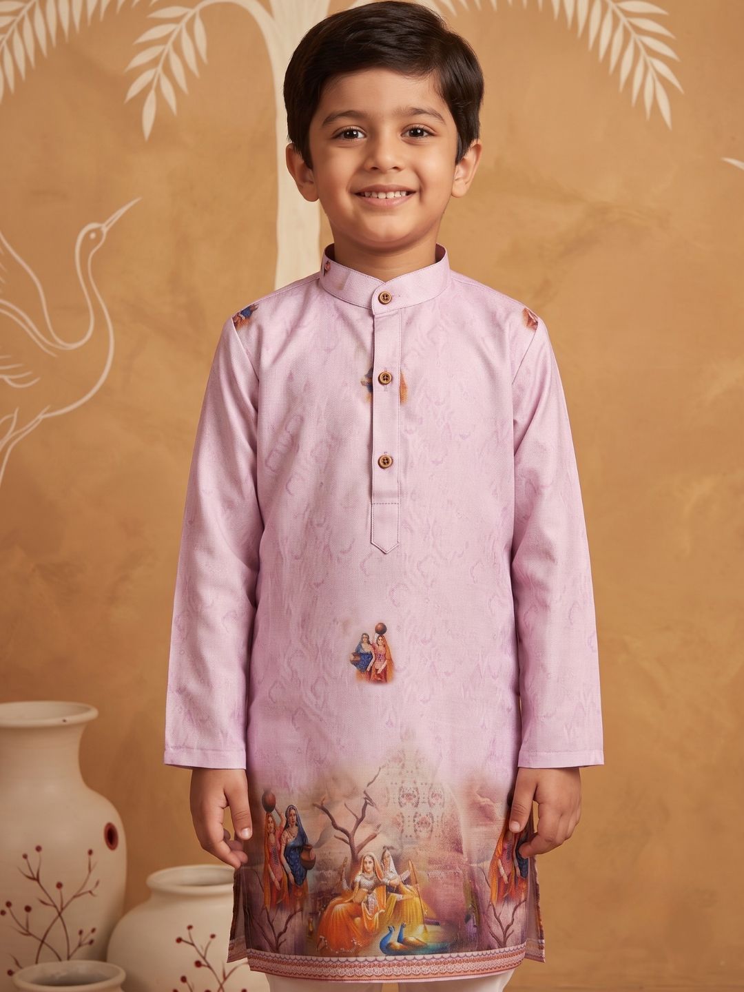 AJ Dezines Pink Mythological Print Cotton Blend Kurta Pyjama Set For Boys