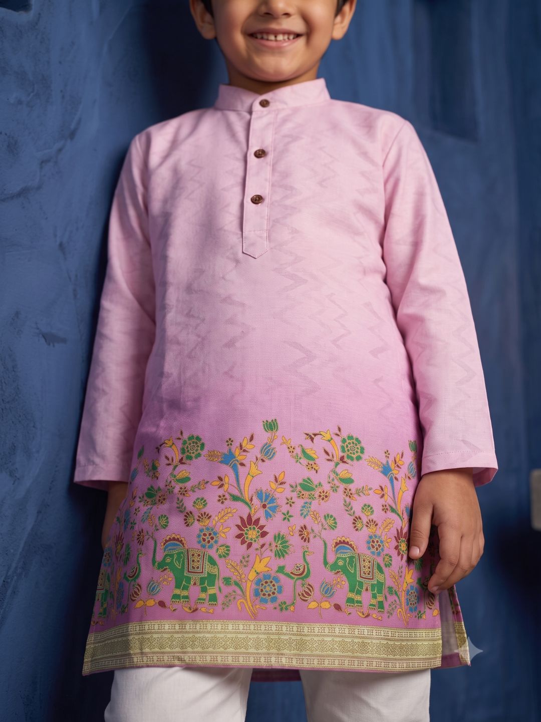 AJ Dezines Pink Elephant Printed Cotton Blend Kurta Pyjama Set For Boys