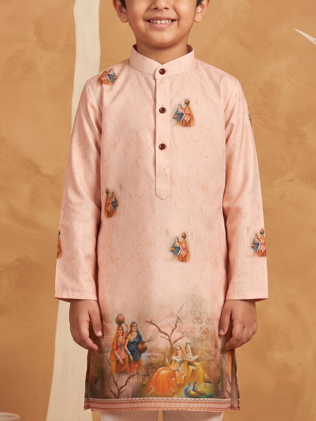 AJ Dezines Peach Mythological Print Cotton Blend Kurta Pyjama Set For Boys
