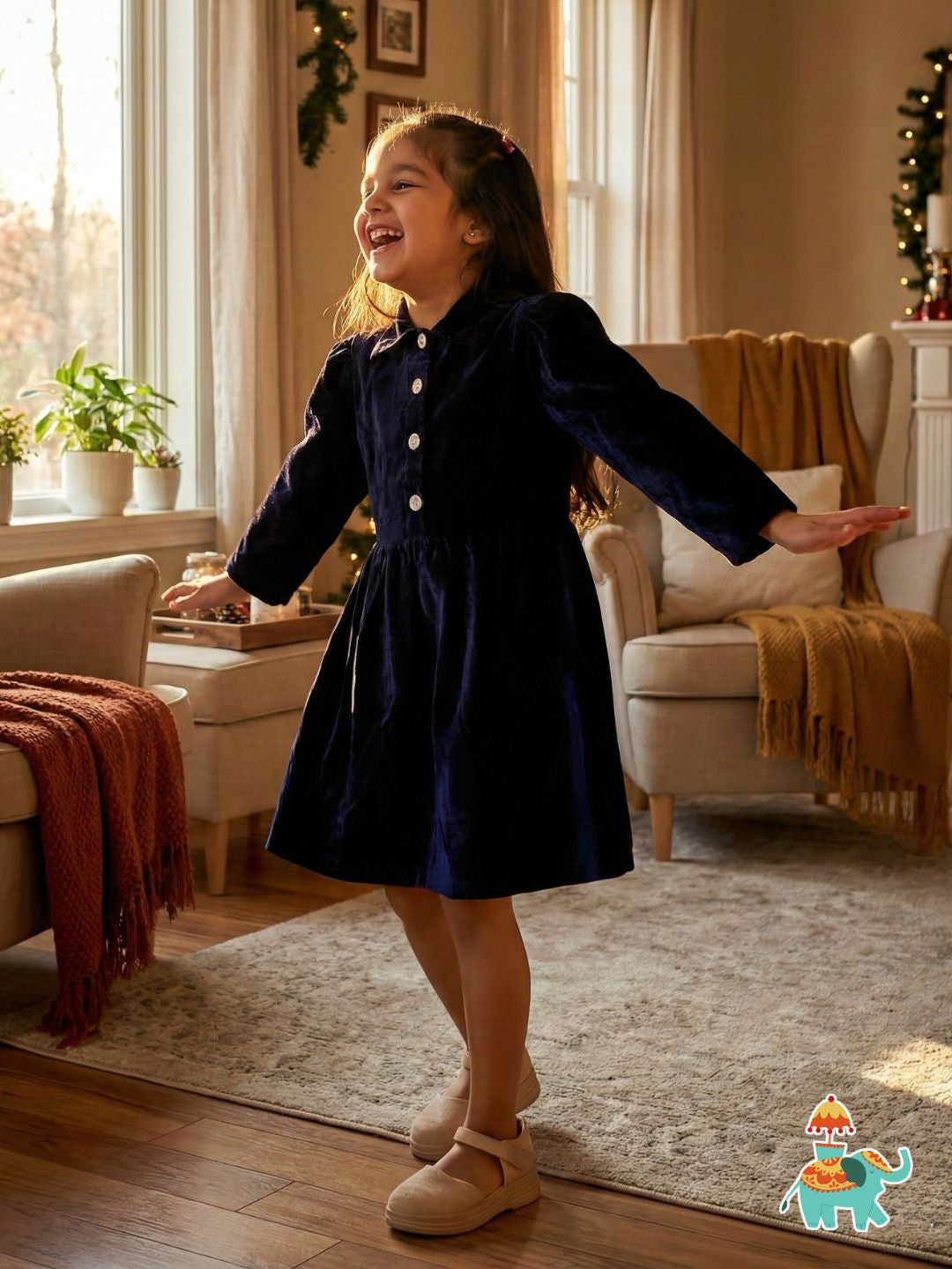 Navy Blue Velvet Full Sleeves Solid Frock