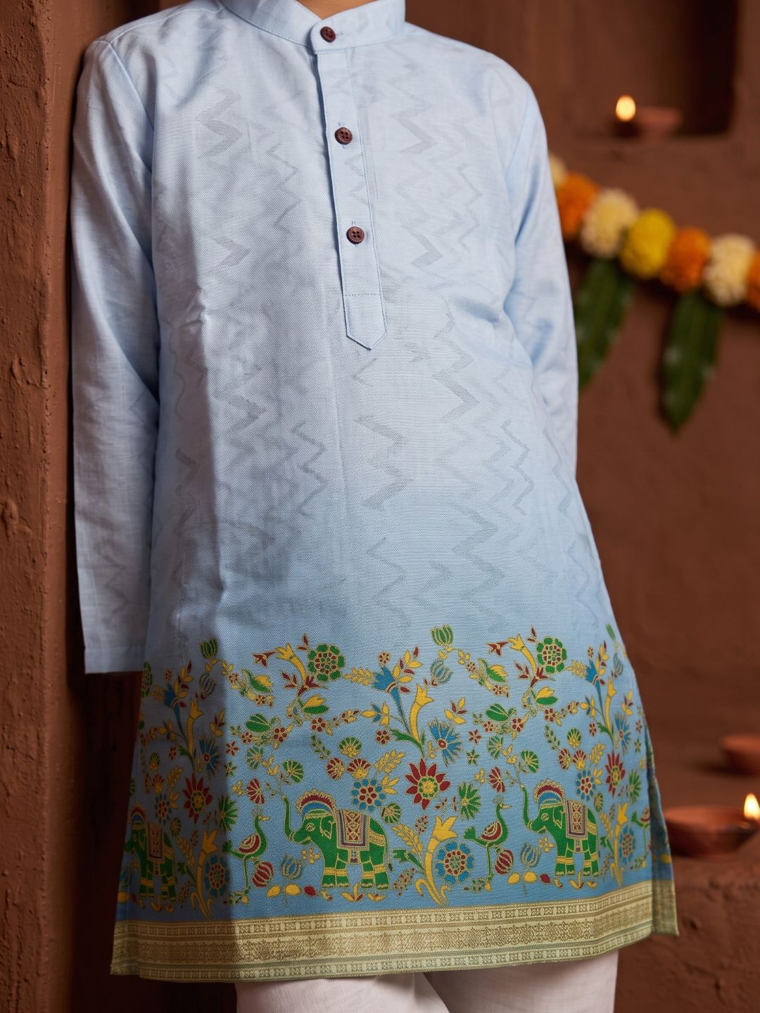 AJ Dezines Blue Elephant Printed Cotton Blend Kurta Pyjama Set For Boys