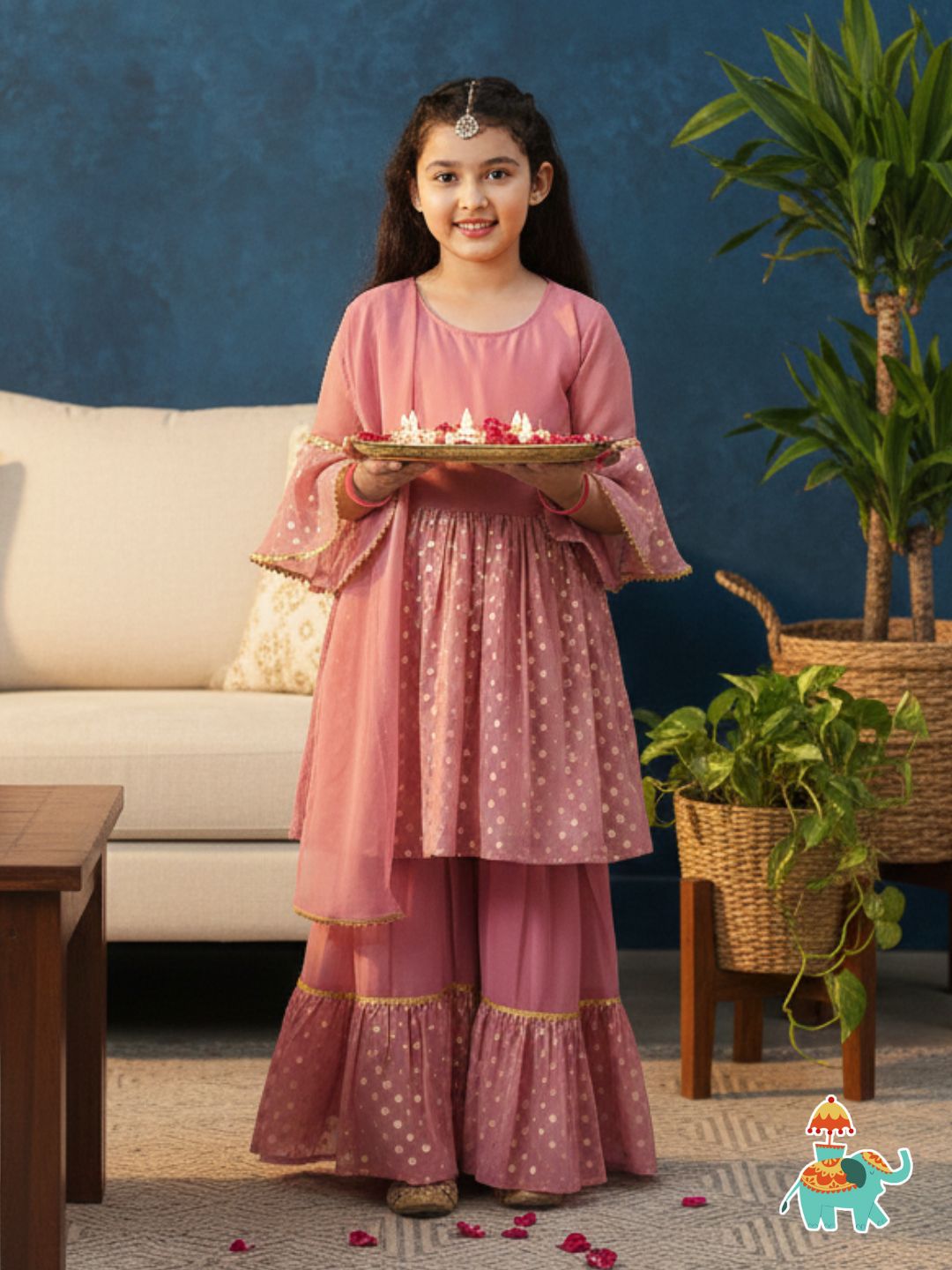 Aj Dezines Pink Georgette Three-Fourth Sleeves Motif Print Sharara Set For Girls