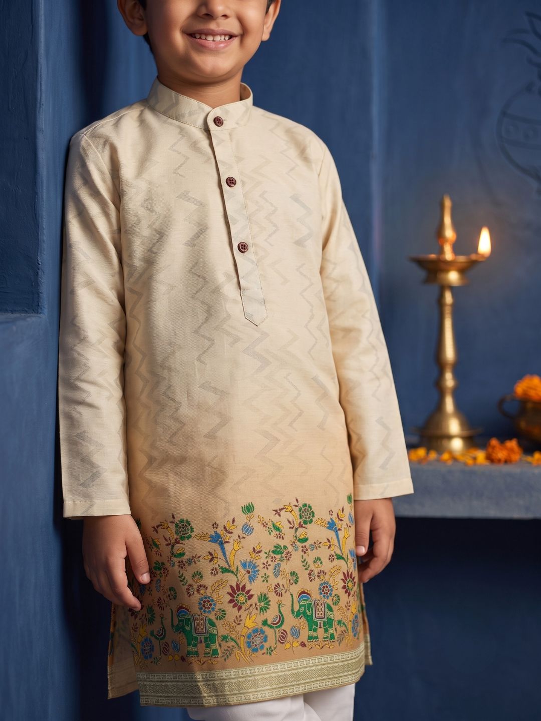 AJ Dezines Yellow Elephant Printed Cotton Blend Kurta Pyjama Set For Boys