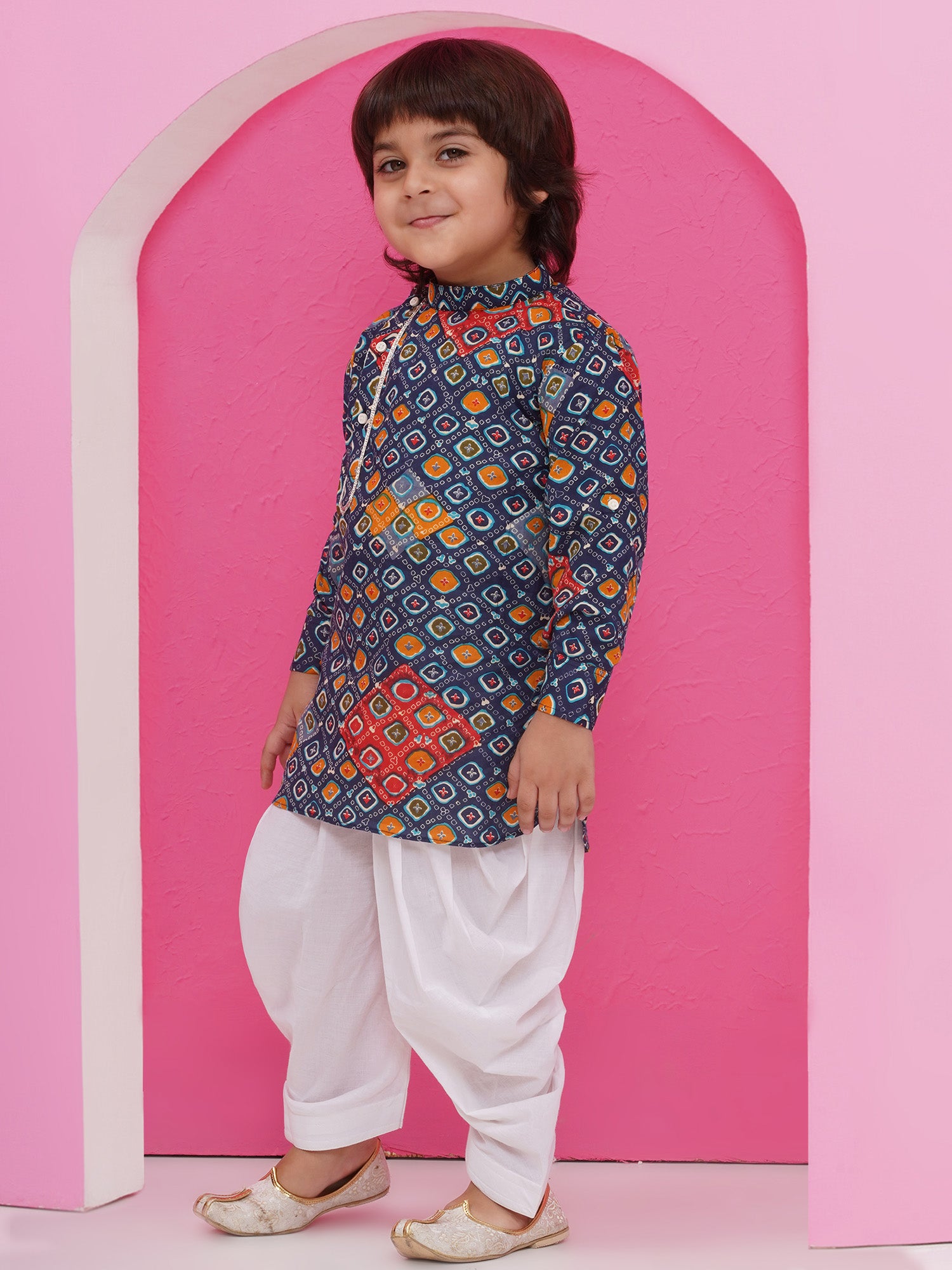 Dark Blue Cotton Full Sleeves Printed Kurta Pyjama Set For Boys