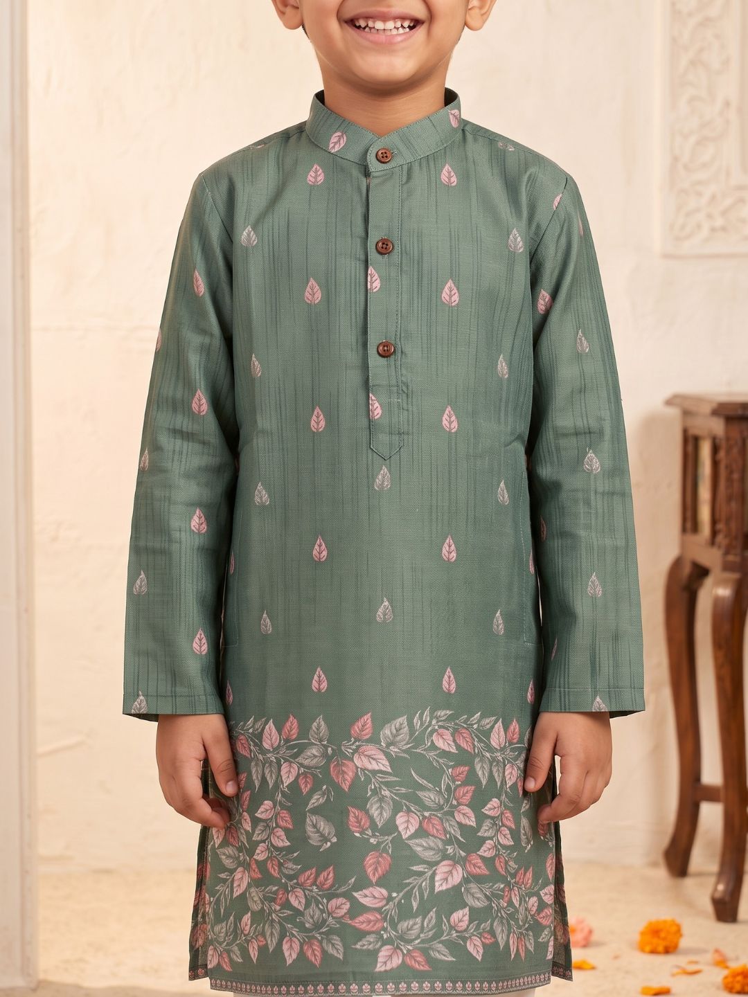 AJ Dezines Green Leaf Print Cotton Blend Kurta Pyjama Set For Boys