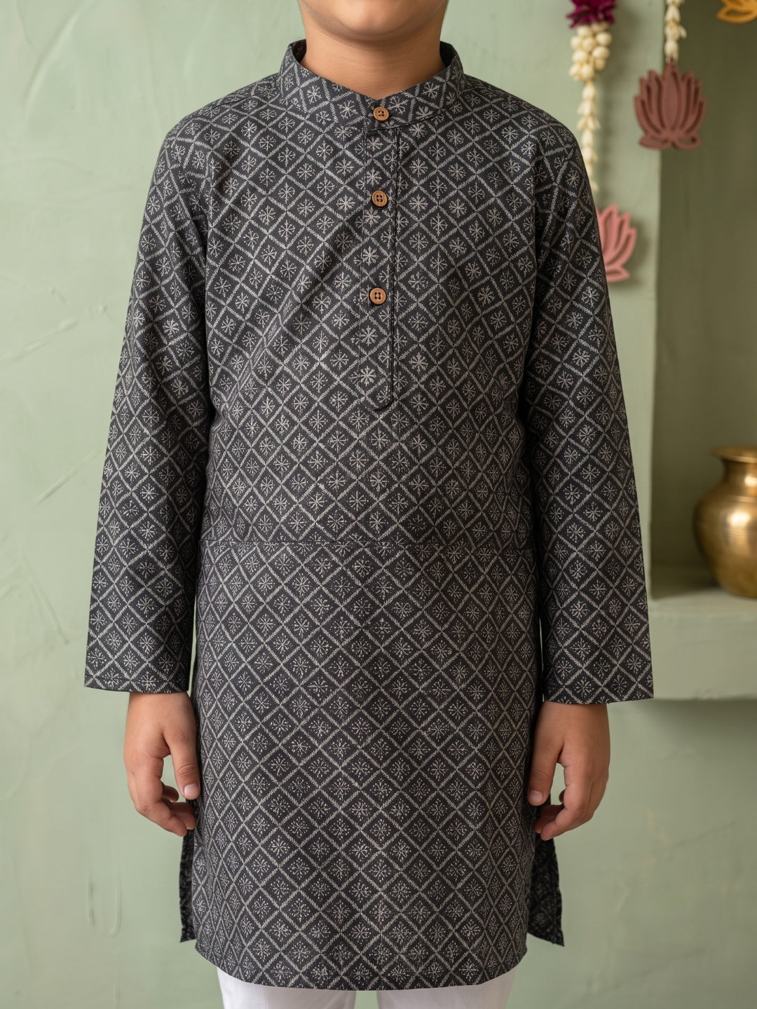 AJ Dezines Black Floral Geometric Print Cotton Blend Kurta Pyjama Set For Boys