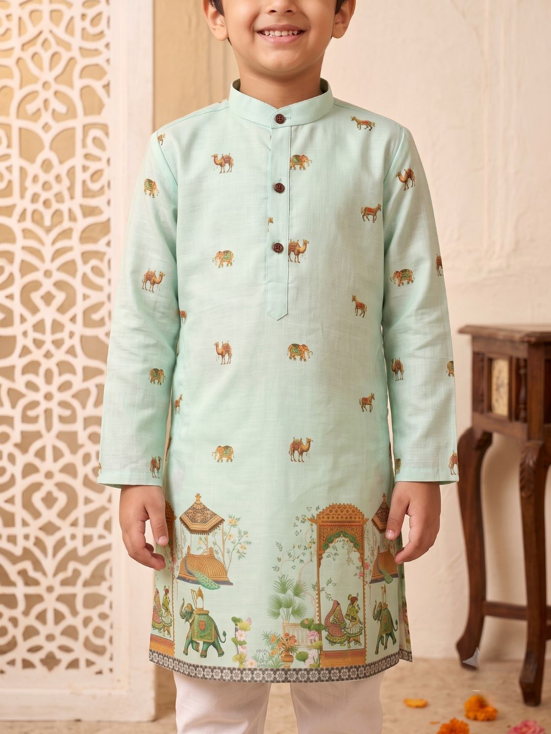 AJ Dezines Green Elephant & Traditional Ethnic Print Cotton Blend Kurta Pyjama Set For Boys