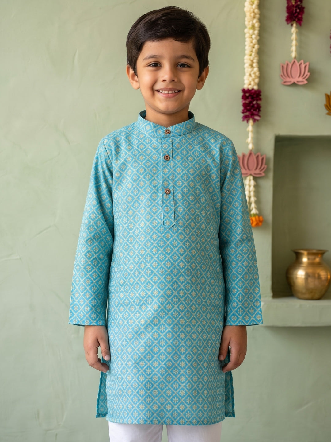 AJ Dezines Blue Floral Geometric Print Cotton Blend Kurta Pyjama Set For Boys