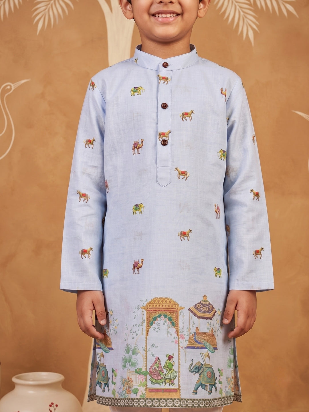 AJ Dezines Blue Elephant & Traditional Ethnic Print Cotton Blend Kurta Pyjama Set For Boys
