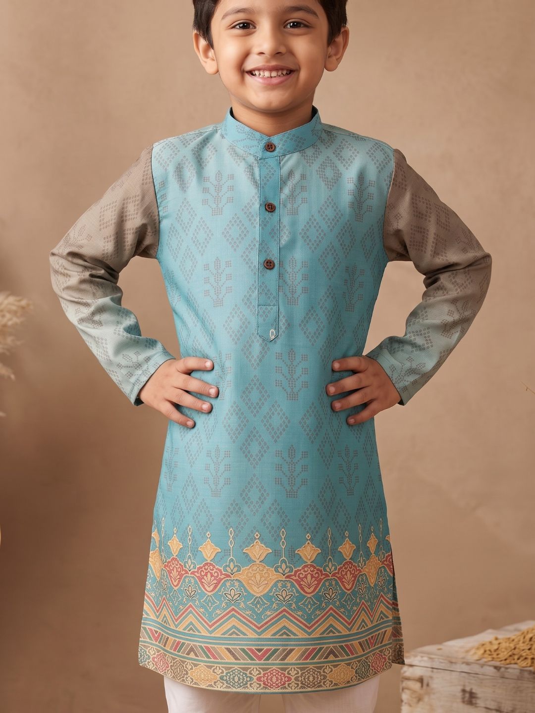 AJ Dezines Sky Blue Ethnic Print Cotton Blend Kurta Pyjama Set For Boys