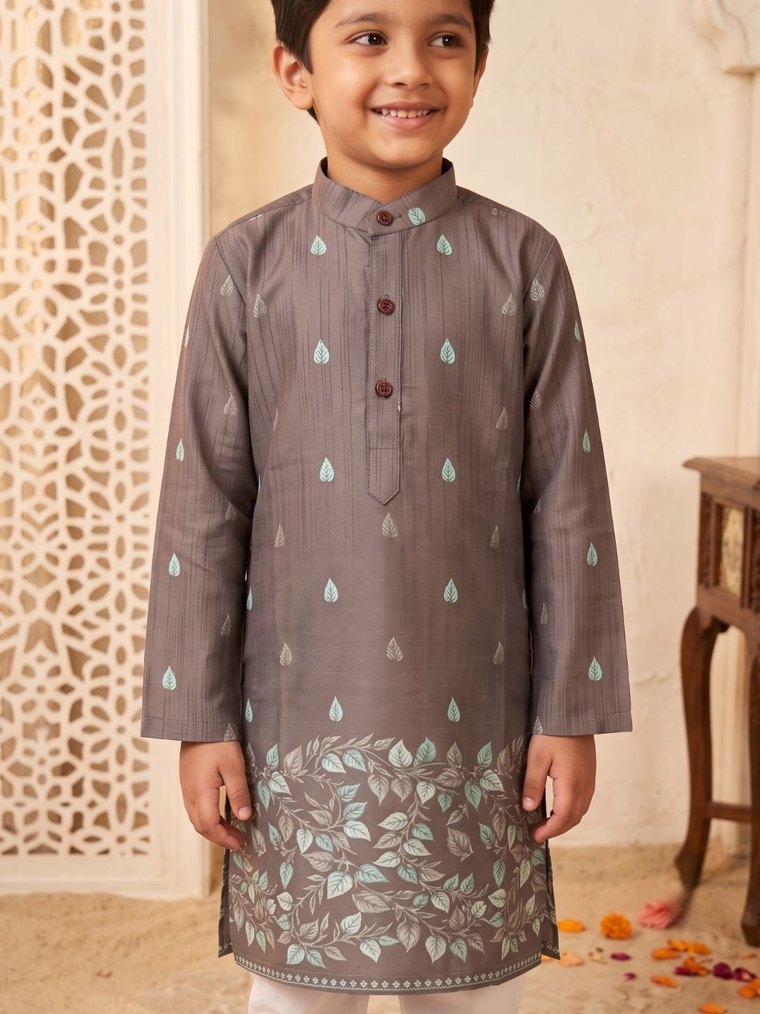 AJ Dezines Brown Leaf Print Cotton Blend Kurta Pyjama Set For Boys