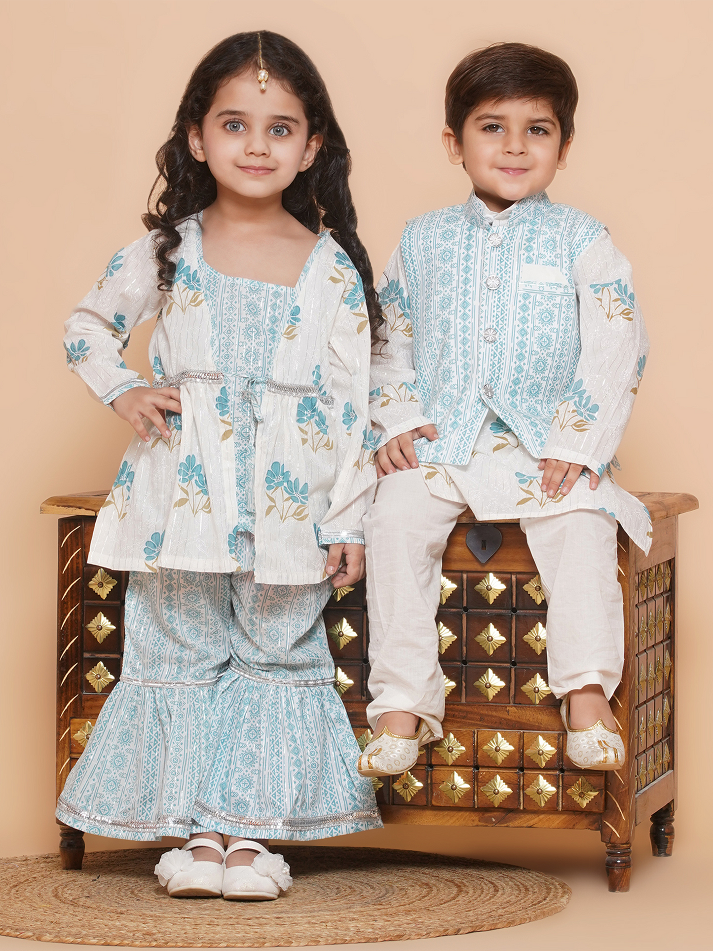 Boys Pure Cotton Kurta Pyjamas and GirlsKurti with Salwar Sibling Sets White