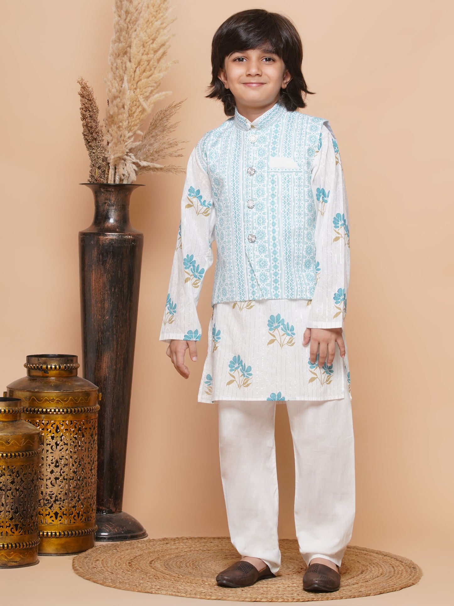 Boys Pure Cotton Kurta Pyjamas and GirlsKurti with Salwar Sibling Sets White