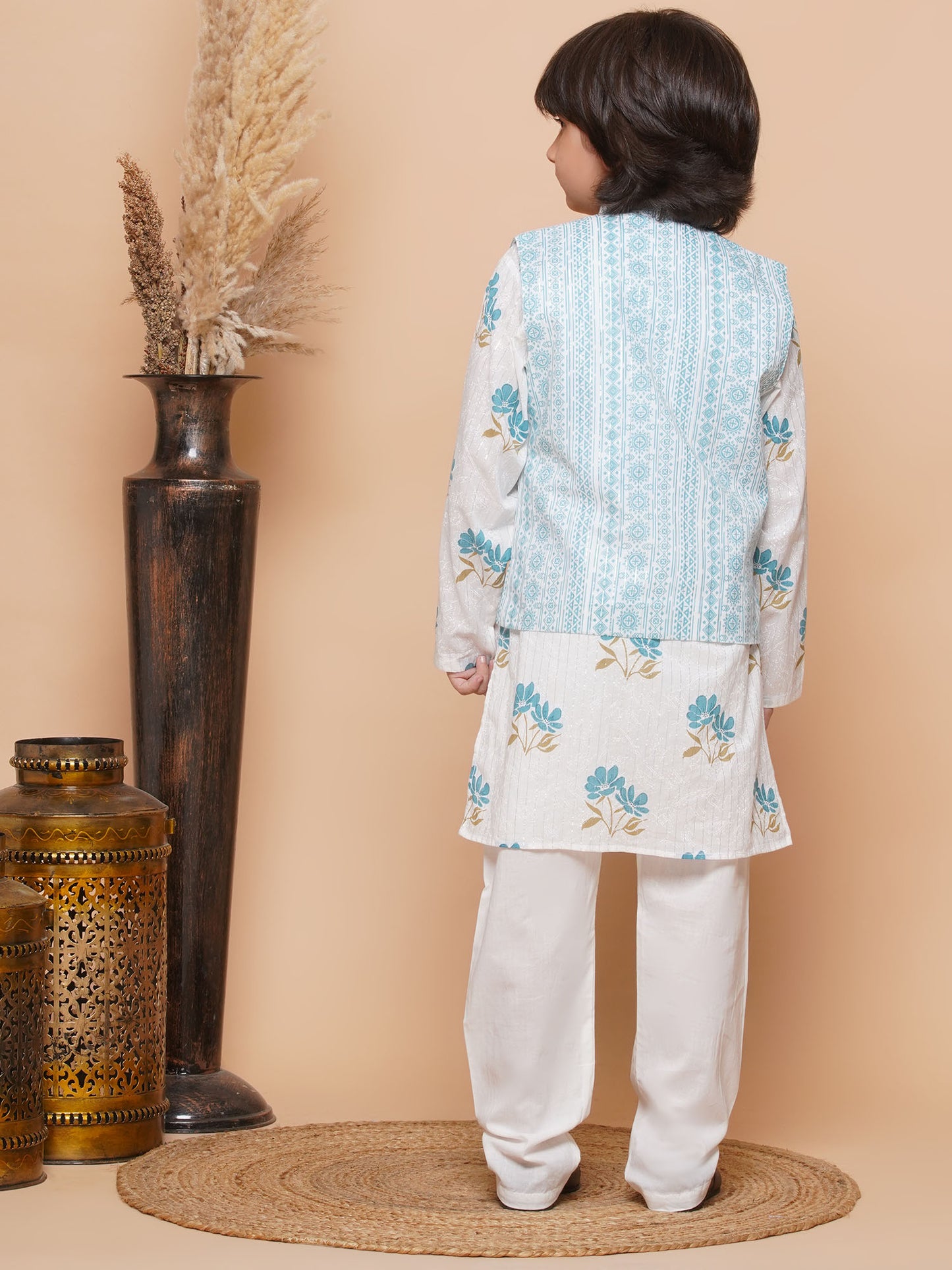 Boys Pure Cotton Kurta Pyjamas and GirlsKurti with Salwar Sibling Sets White