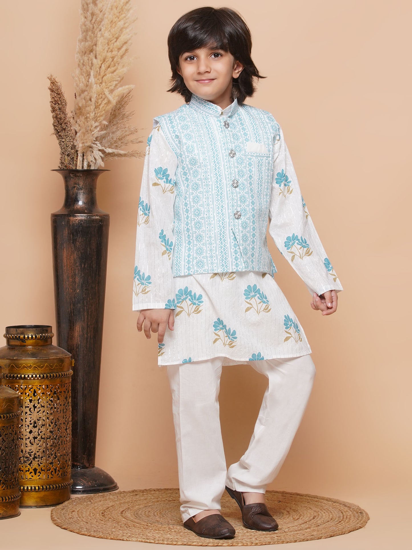 Boys Pure Cotton Kurta Pyjamas and GirlsKurti with Salwar Sibling Sets White