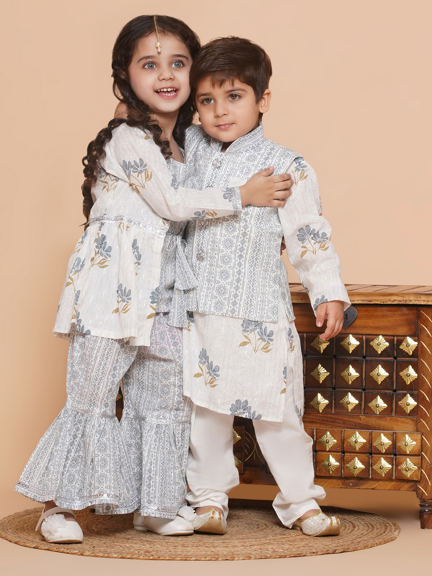 Boys Pure Cotton Kurta Pyjamas and GirlsKurti with Salwar Sibling Sets-Grey