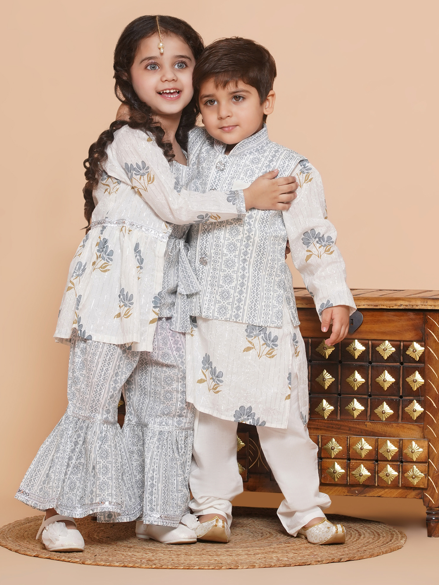 Boys Pure Cotton Kurta Pyjamas and GirlsKurti with Salwar Sibling Sets-Grey - AJ Dezines