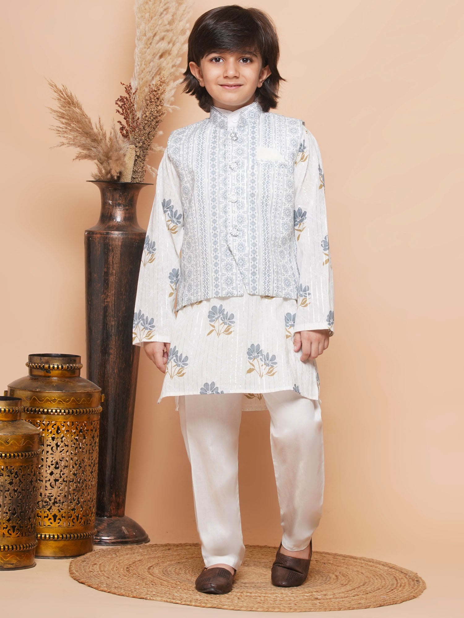 Kids Boys Grey Floral Print Cotton Suit Set - AJ Dezines