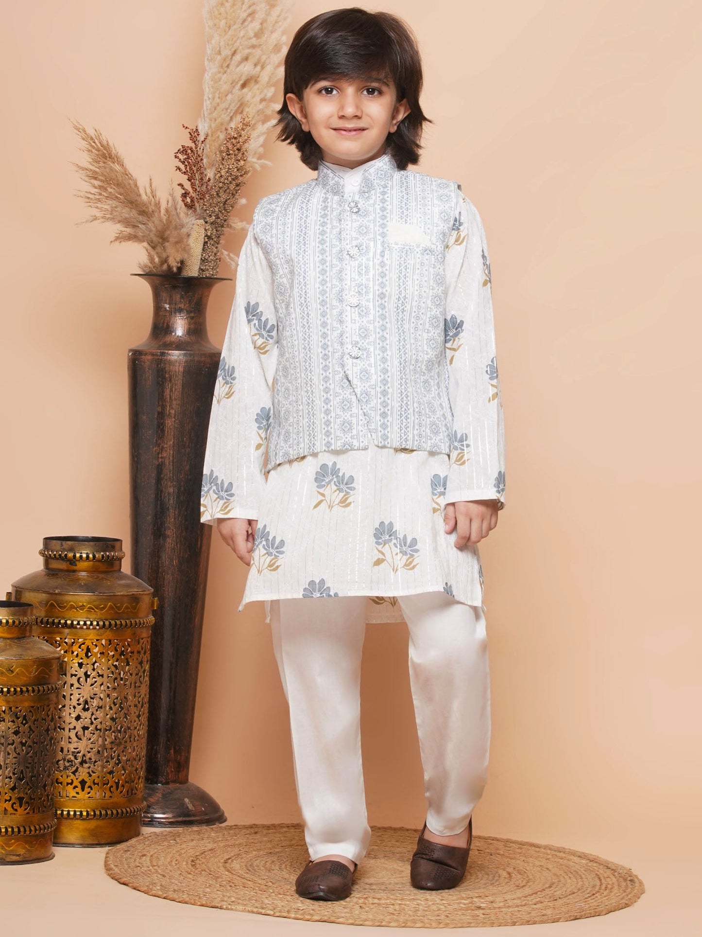 Boys Pure Cotton Kurta Pyjamas and GirlsKurti with Salwar Sibling Sets-Grey