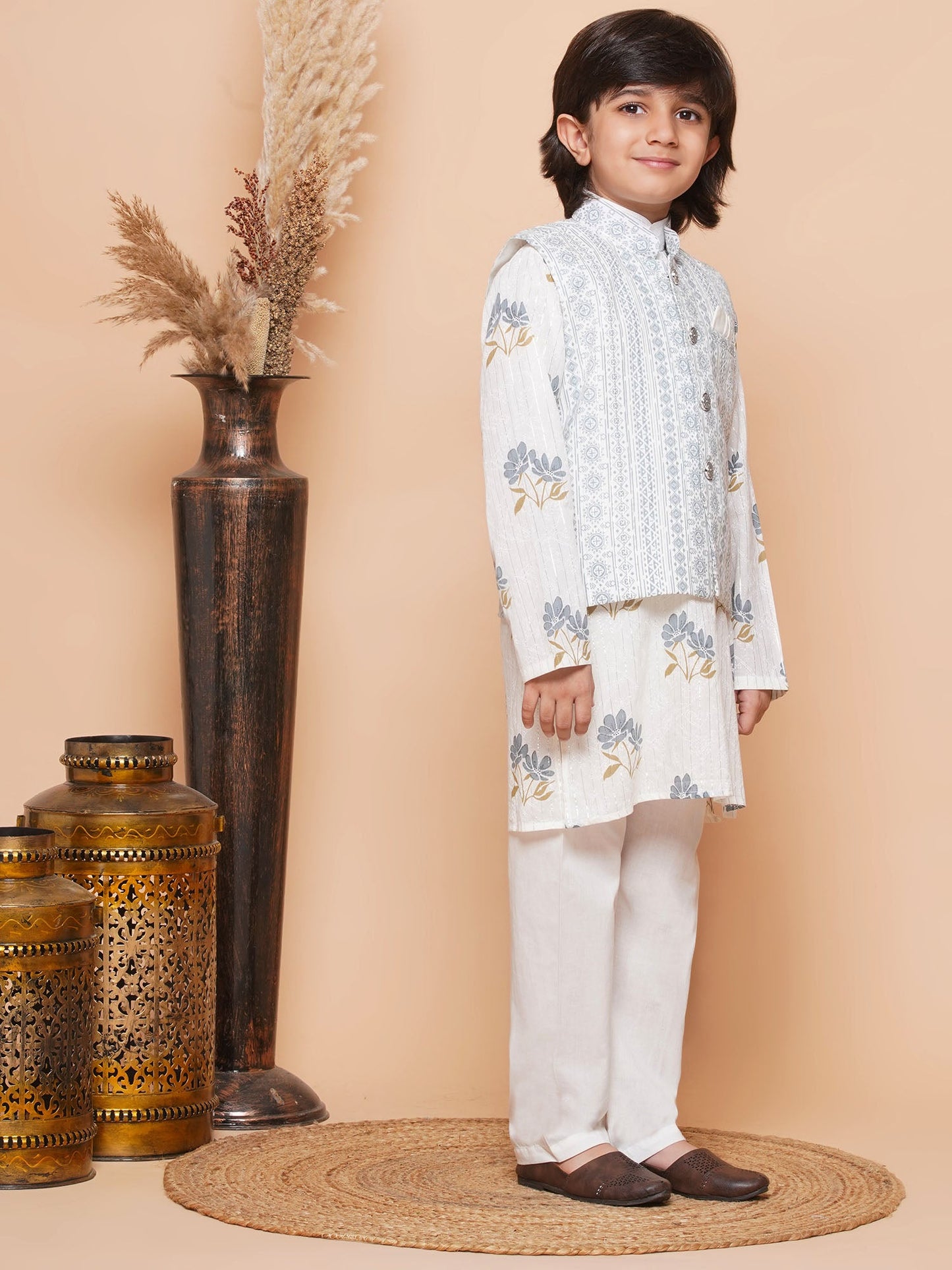 Boys Pure Cotton Kurta Pyjamas and GirlsKurti with Salwar Sibling Sets-Grey