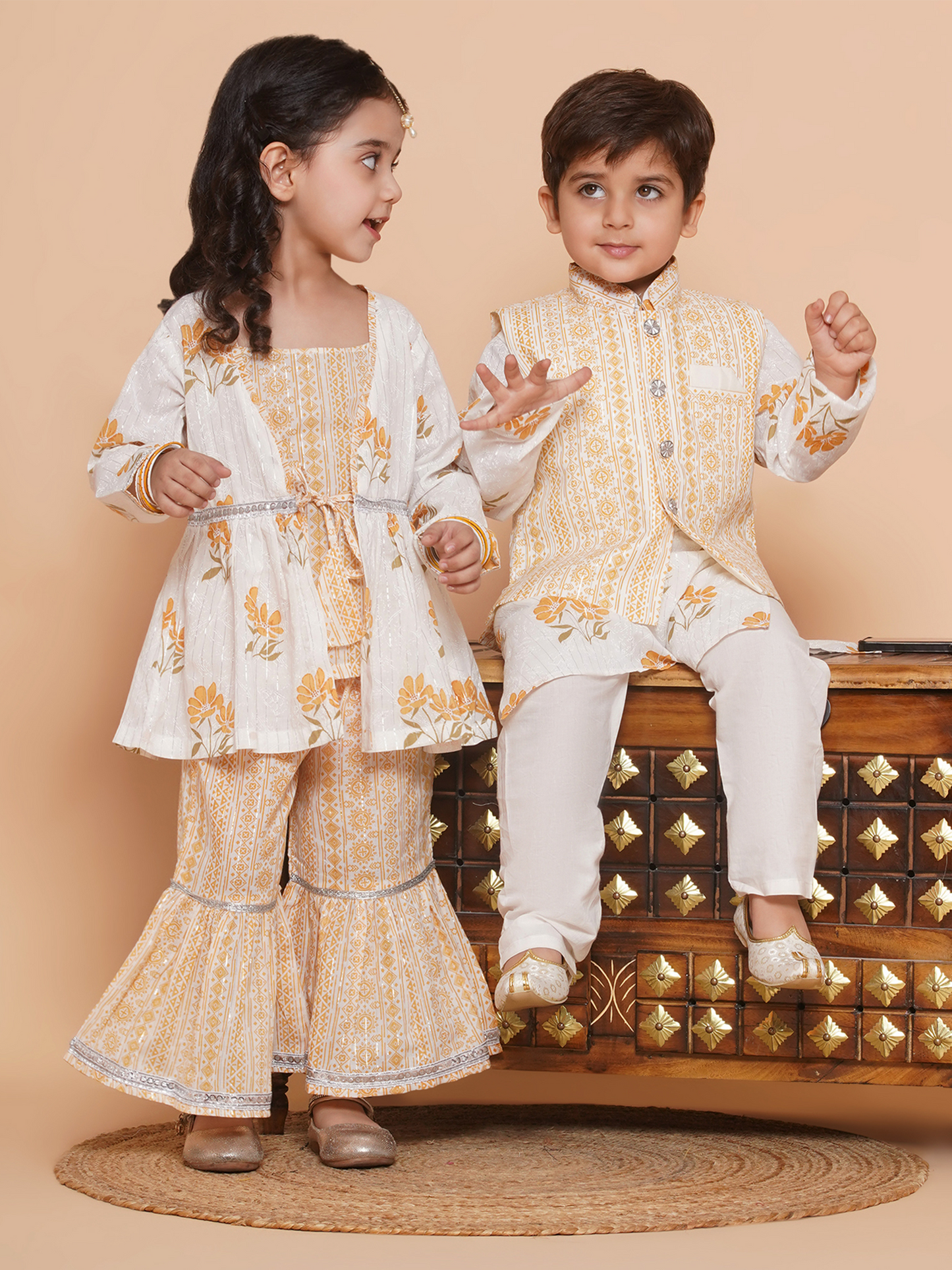 Boys Pure Cotton Kurta Pyjamas and GirlsKurti with Salwar Sibling Sets -Yellow