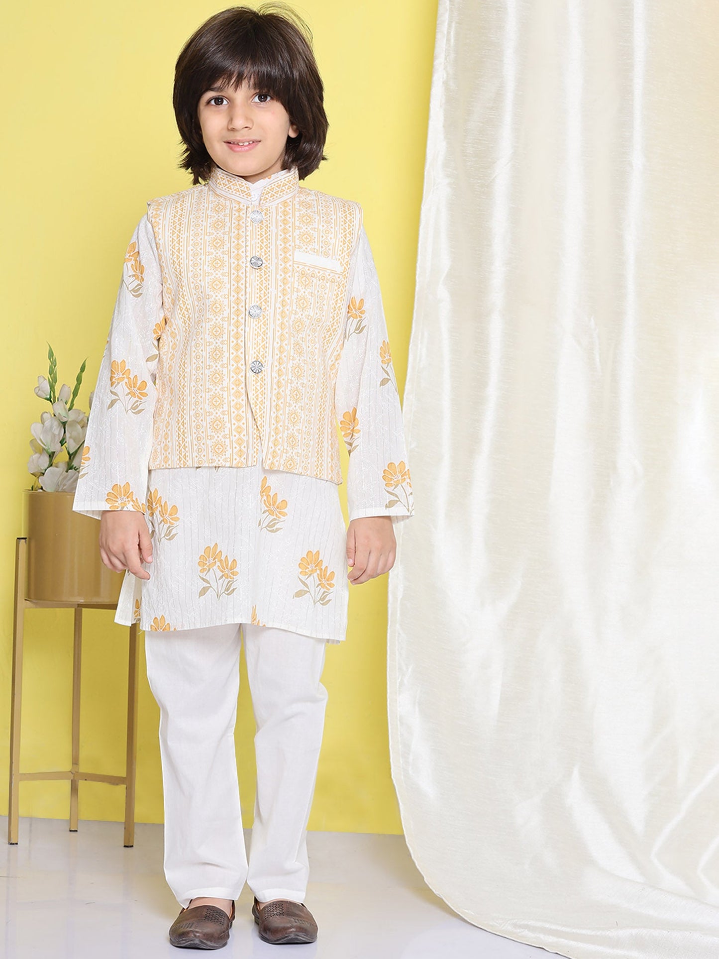 Boys Pure Cotton Kurta Pyjamas and GirlsKurti with Salwar Sibling Sets -Yellow