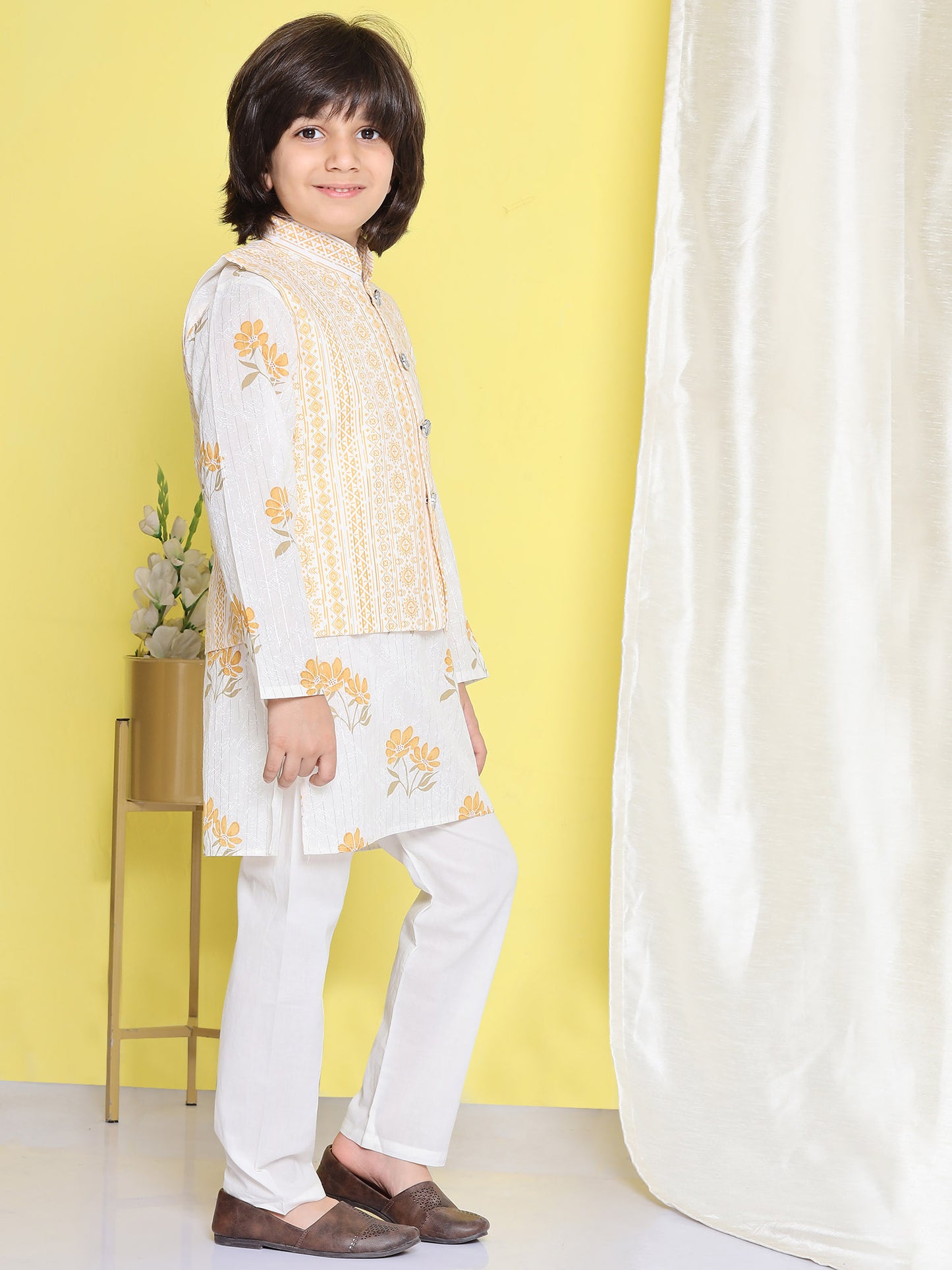 Kids Yellow Cotton Printed Thread Work 3Pc Kurta Pant Set For Boys