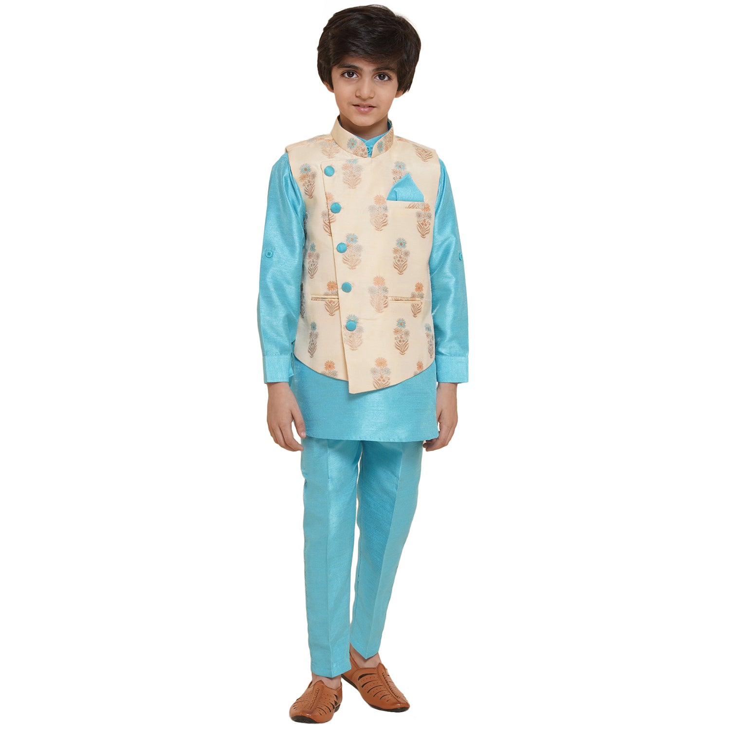 Kids Cotton Silk 3pc Kurta Pant Set For Boys
