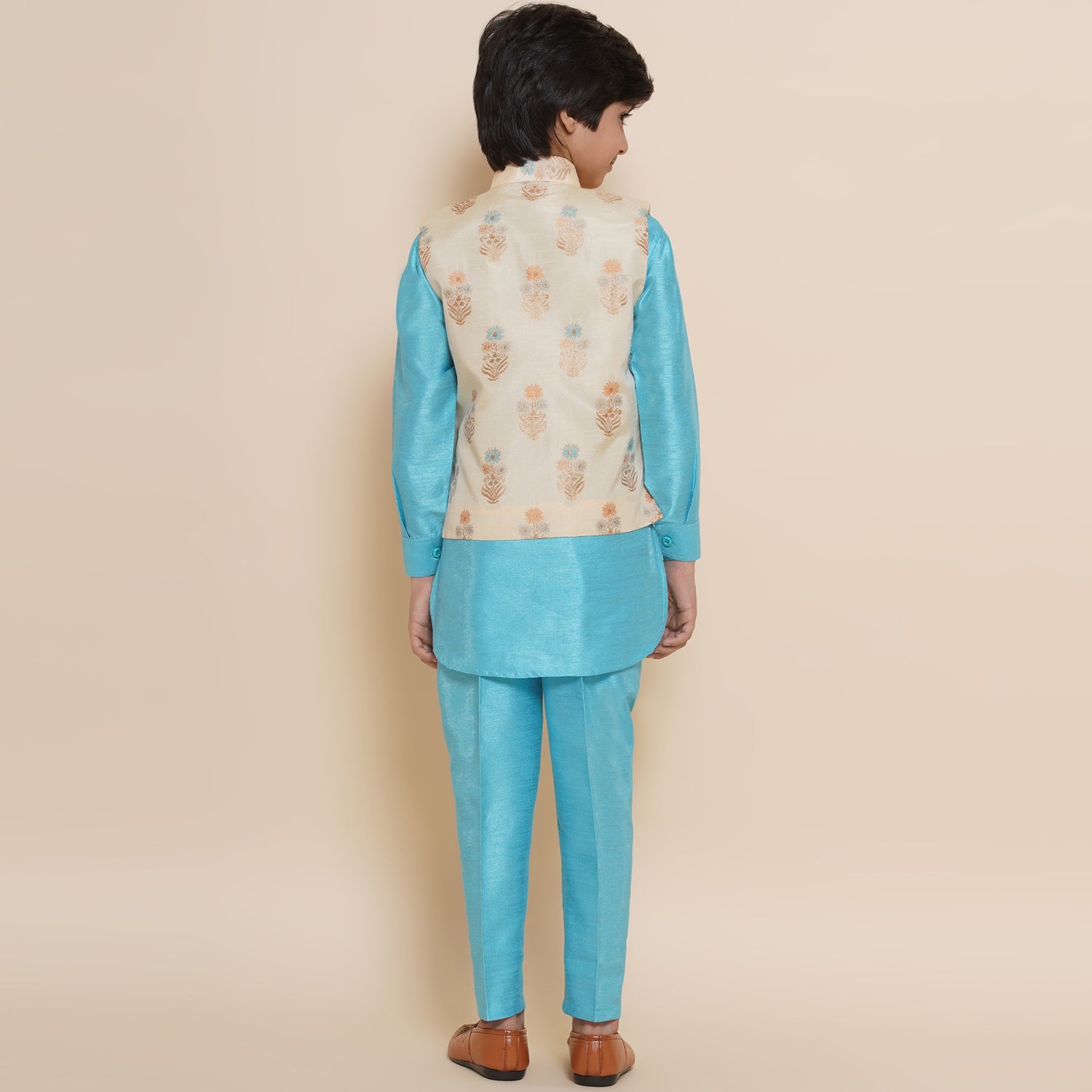 Kids Cotton Silk 3pc Kurta Pant Set For Boys