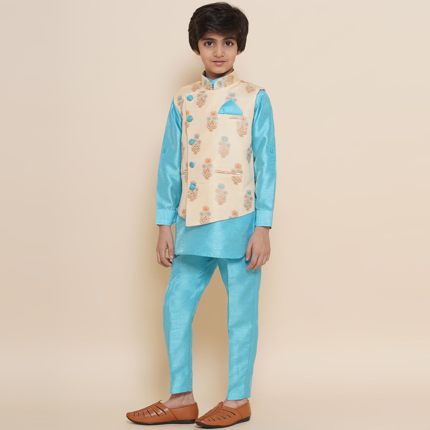 Kids Cotton Silk 3pc Kurta Pant Set For Boys