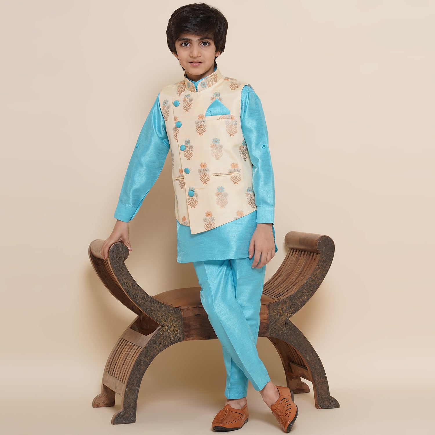 Kids Cotton Silk 3pc Kurta Pant Set For Boys