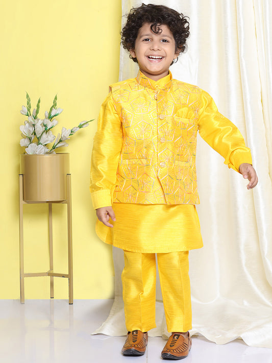 Boys Yellow Raw Silk Embroidery Mandarin Kurta Pyjama Waistcoat