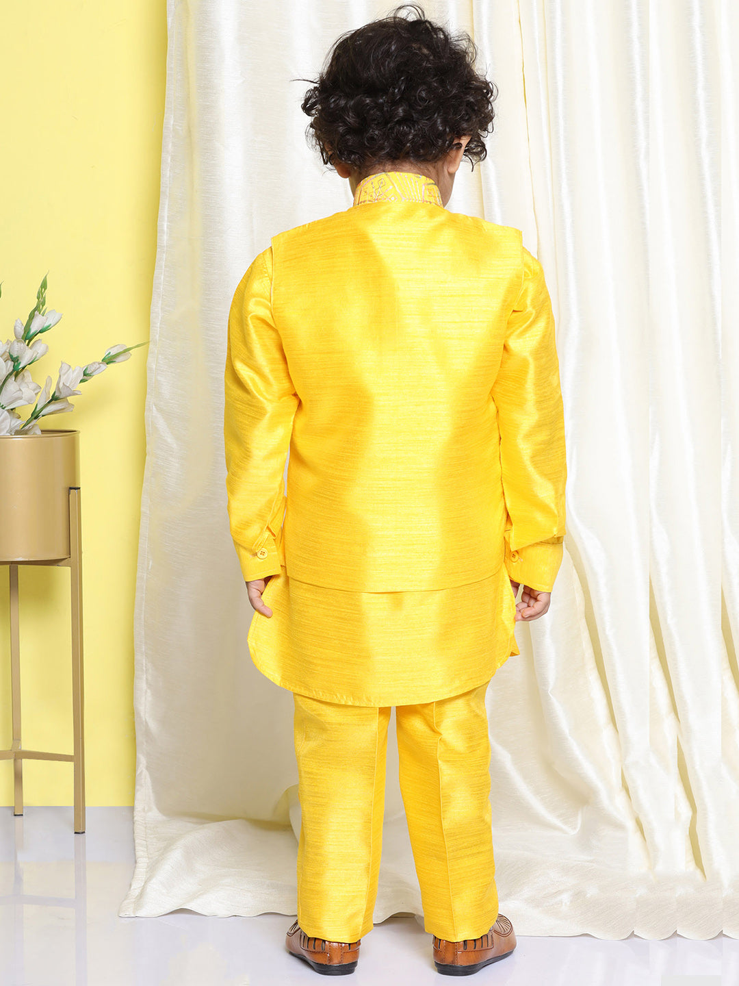 Boys Yellow Raw Silk Embroidery Mandarin Kurta Pyjama Waistcoat